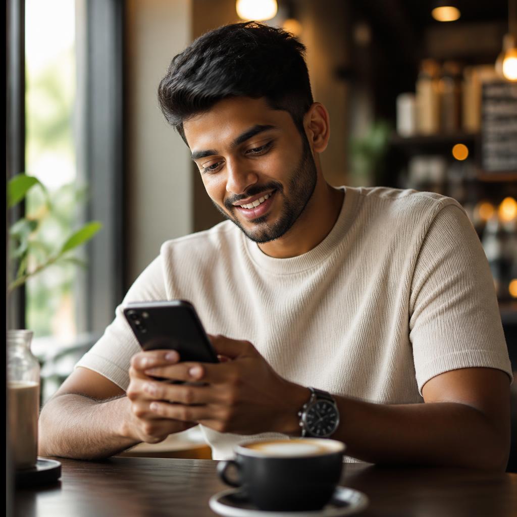 A student checking the community feed on his phone.