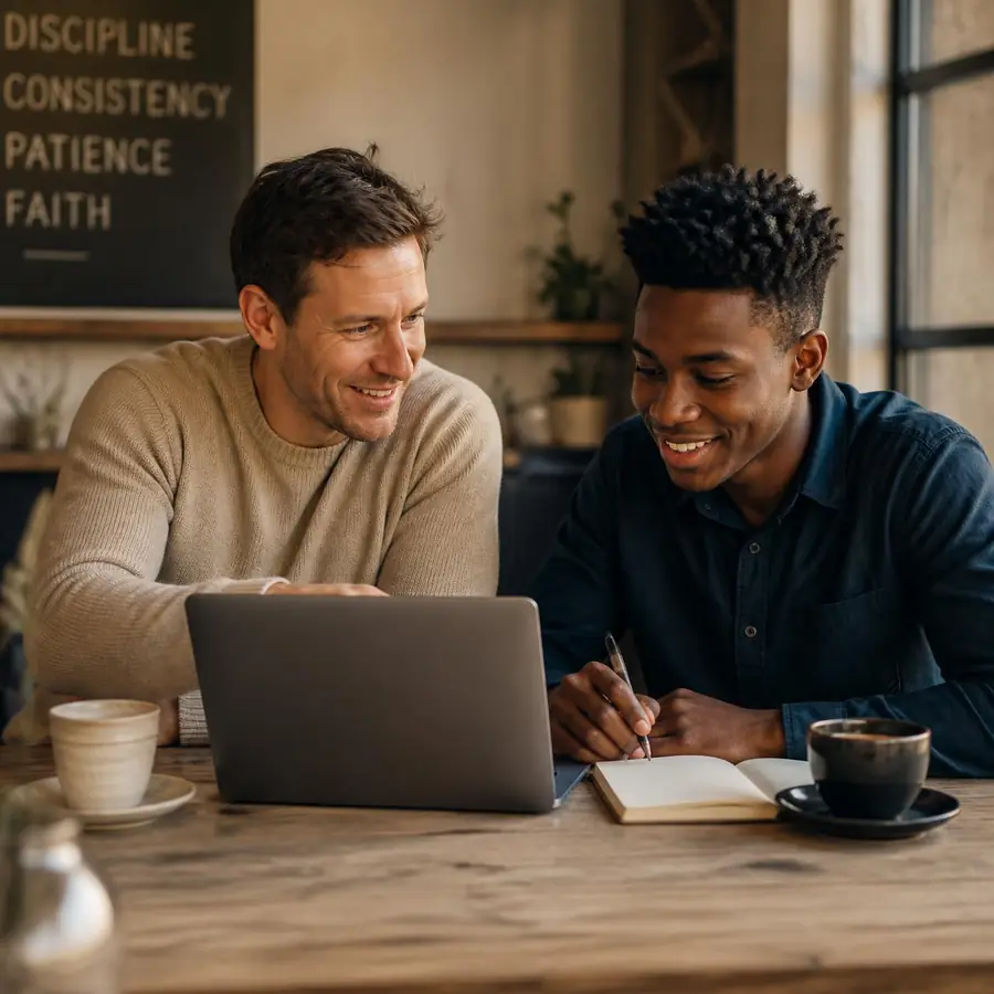 Two mentors reviewing charts on a laptop during a live session.
