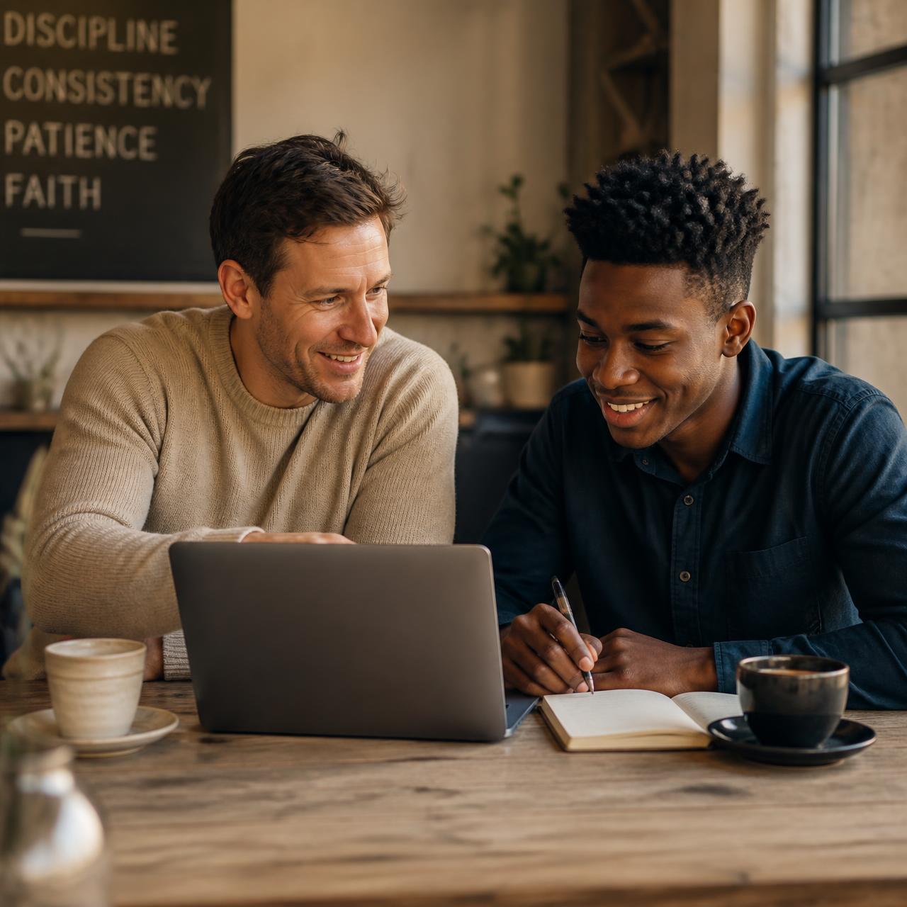 Two mentors reviewing charts on a laptop during a live session.