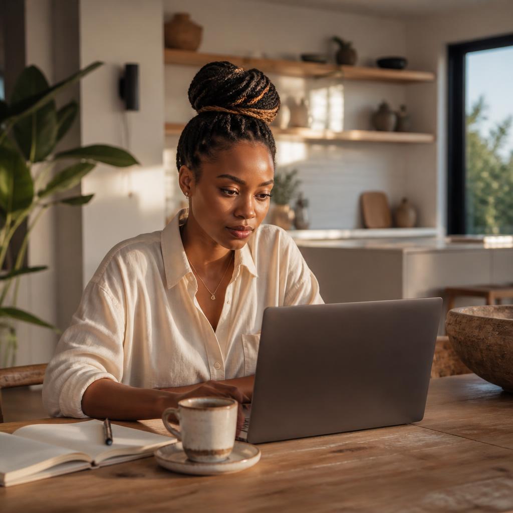 A woman working at her laptop at a kitchen table in the early morning.