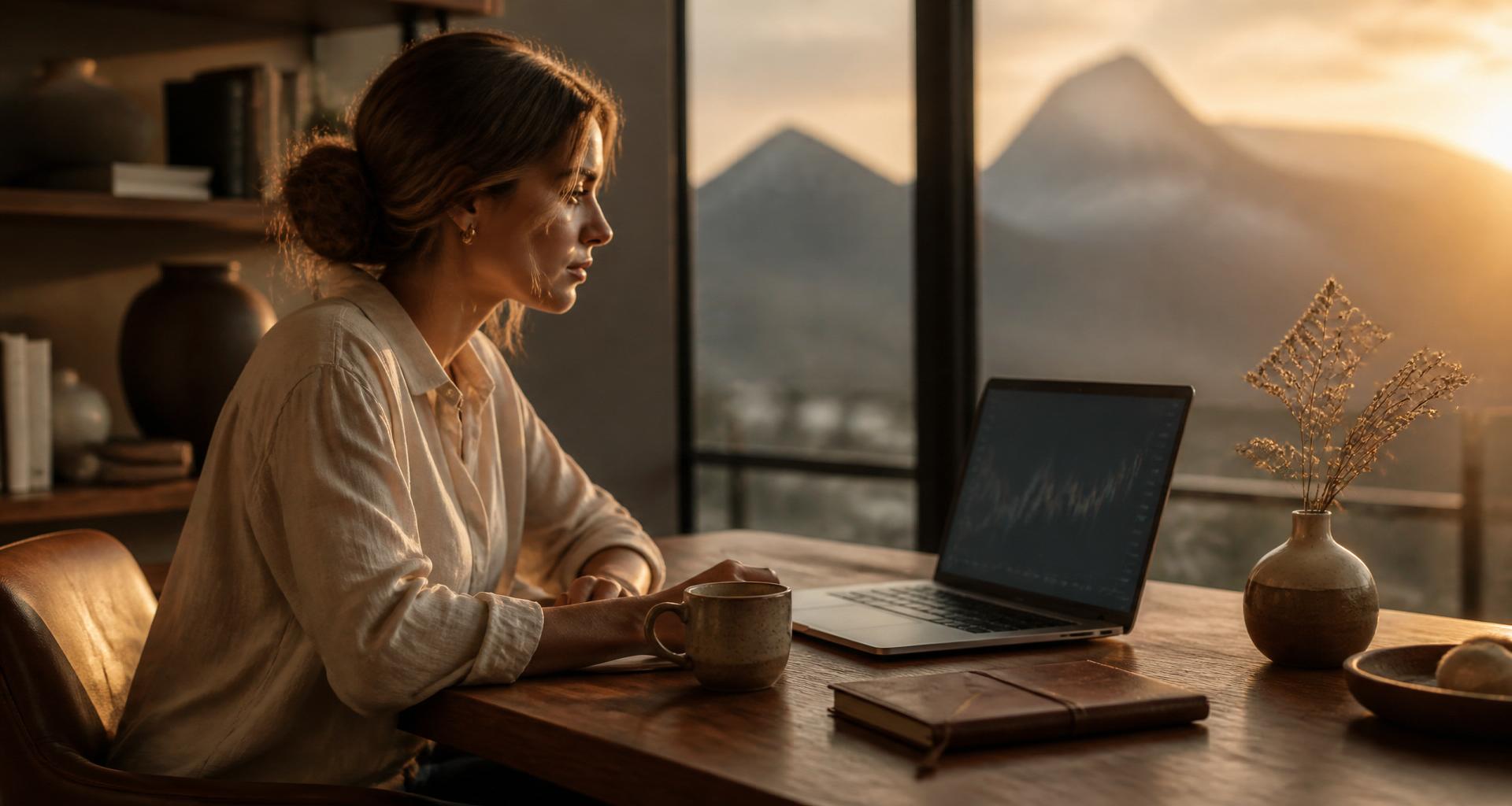 A woman at her laptop in the early morning, before the market opens.